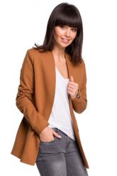 Karmelowy Dzianinowy Dłuższy Żakiet bez Zapięcia. Brązowe marynarki i żakiety MOE, l, bez wzorów, z bawełny, bez ramiączek. Za 309.90 zł.