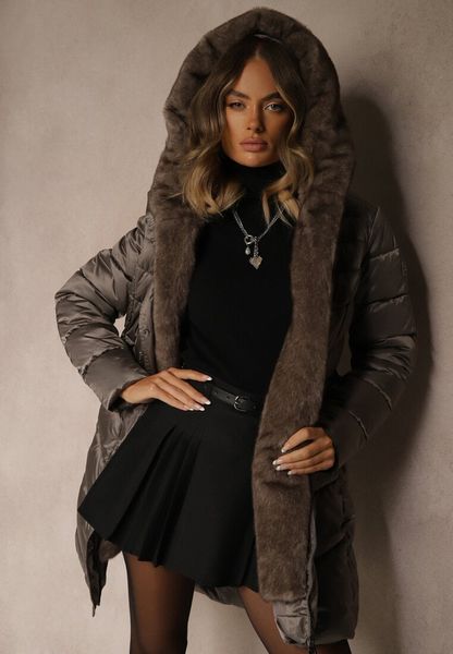 Szara Kurtka z Pikowanym Przeszyciami Wiązanym Paskiem i Kapturem z Futrem Fenida. Szare kurtki Renee, l, bez wzorów, z dzianiny, eleganckie. Za 299.99 zł.