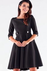 Rozkloszowana Sukienka z Ozdobnymi Guzikami w Pasie - Czarna. Czarne sukienki Awama, l, bez wzorów, z elastanu, wizytowe, bez kołnierzyka, bez ramiączek, rozkloszowane. Za 275.90 zł.