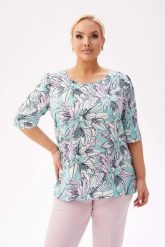 Bluzka Spring z krótkim rękawem i lekką bufką w kwiatowy wzór - kolory mięty, różu i bieli PLUS SIZE XXL. Czerwone bluzki Moda Size Plus Iwanek, plus size, bez wzorów, z elastanu, biznesowe, bez kołnierzyka, plus size, bez ramiączek. Za 169.90 zł.