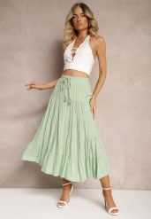 Zielona Wiskozowa Spódnica High Waist o Rozkloszowanym Kroju z Wiązaniem i Gumką w Talii Leceviana. Zielone spódnice Renee, na spacer, l, z aplikacjami, z wiskozy, eleganckie, maxi, dopasowane. W wyprzedaży za 50.99 zł.