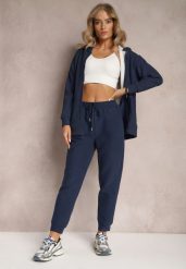 Granatowe Dzianinowe Spodnie z Gumką w Pasie Matrila. Niebieskie jeansy Renee, l, bez wzorów, z bawełny. W wyprzedaży za 47.99 zł.