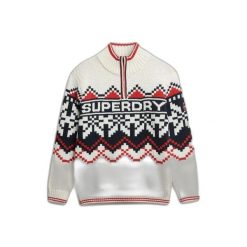 Kardigan z wzorem intarsjowym i kołnierzem typu stójka dla kobiet Superdry. Brązowe swetry Superdry, na zimę, l, bez wzorów, bez ramiączek. Za 428.40 zł.