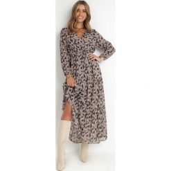 Czarno-Beżowa Sukienka Kopertowa z Gumką w Talii Moshei. Brązowe sukienki Born2be, l, bez wzorów, z materiału, boho, bez kołnierzyka, bez ramiączek, maxi, kopertowe. W wyprzedaży za 63.74 zł.