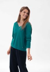 Luźny sweter z dekoltem w serek S-JOY. Niebieskie swetry Volcano, s, bez wzorów, z dzianiny, eleganckie, bez ramiączek. Za 129.99 zł.