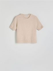 Wełniany sweter z krótkimi rękawami - beżowy. Brązowe swetry Reserved, l, bez wzorów, z dzianiny, bez ramiączek. W wyprzedaży za 99.99 zł.