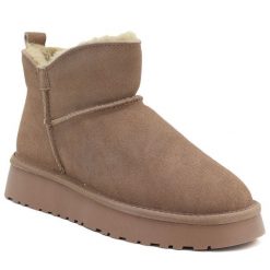 Skórzane botki damskie śniegowce na platformie beżowe Vinceza 97961. Brązowe botki BIG STAR, bez wzorów, z materiału, bez obcasa, na platformie, bez zapięcia. Za 149.99 zł.
