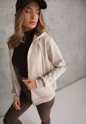 Beżowa Bluza Rozpinana z Bawełną i Kapturem Ozdobiona Sznurkami Ivila. Brązowe bluzy z kapturem Renee, l, bez wzorów, z bawełny. Za 69.99 zł.