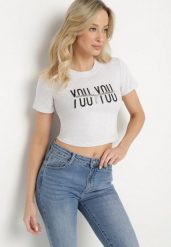 Jasnoszary Bawełniany T-shirt z Napisem i Łańcuchem Olimelia. Szare t-shirty Born2be, m, bez wzorów, z bawełny, bez kołnierzyka, bez ramiączek. Za 59.99 zł.