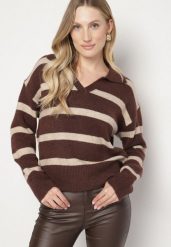 Brązowy Sweter w Paski z Wełną i Dekoltem z Kołnierzykiem Tevana. Brązowe swetry Born2be, uniwersalny, bez wzorów, z dzianiny, eleganckie, bez ramiączek. Za 149.99 zł.