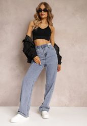 Niebieskie Szerokie Jeansy High Waist Onte. Niebieskie jeansy Renee, xl, z aplikacjami, z jeansu, z podwyższonym stanem. W wyprzedaży za 83.99 zł.