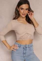Beżowa Krótka Bluzka z Koronkowym Dołem Camiah. Brązowe bluzki Renee, s, bez wzorów, z bawełny, eleganckie, bez kołnierzyka, bez ramiączek. W wyprzedaży za 55.99 zł.