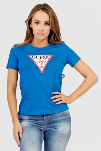 GUESS Niebieski t-shirt damski z dużym trójkątnym logo, Rozmiar XS. Niebieskie t-shirty Guess, s, z aplikacjami, bez kołnierzyka, bez ramiączek. W wyprzedaży za 114.99 zł.