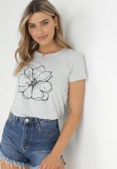 Szary T-shirt z Krótkim Rękawem i Nadrukiem Thetrin. Szare t-shirty Born2be, m, bez wzorów, z wiskozy, bez kołnierzyka, bez ramiączek. W wyprzedaży za 47.99 zł.