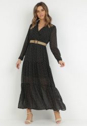 Czarna Sukienka Z Paskiem Deinene. Czarne sukienki Born2be, l, bez wzorów, bez kołnierzyka, bez ramiączek, maxi, kopertowe. W wyprzedaży za 135.99 zł.