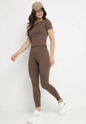 Brązowy Komplet Sportowy Legginsy i Dopasowany T-shirt Silendria. Brązowe legginsy Born2be, bez wzorów, sportowe. W wyprzedaży za 110.49 zł.