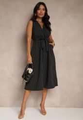 Czarna Koszulowa Sukienka Bez Rękawów z Wiązanym Paskiem Lideene. Czarne sukienki Renee, na co dzień, bez wzorów, eleganckie, bez kołnierzyka, bez ramiączek, midi, kopertowe. W wyprzedaży za 99.99 zł.
