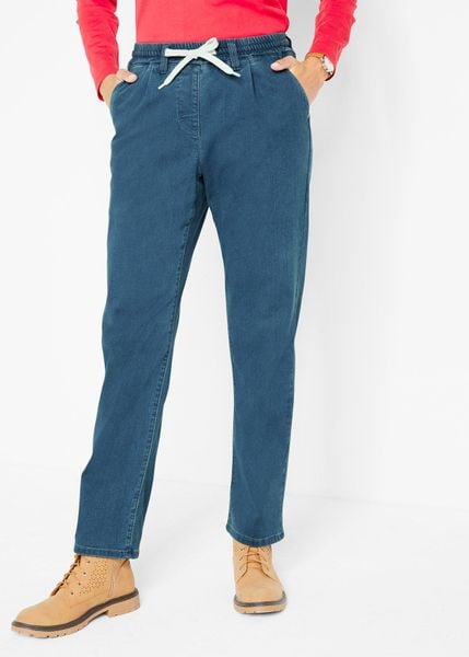 Dżinsy ocieplane z wygodnym paskiem. Niebieskie jeansy bonprix, bez wzorów, z jeansu. Za 159.99 zł.
