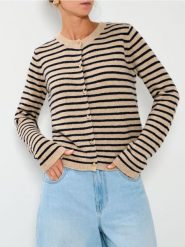 Rozpinany sweter w paski - beżowy. Brązowe swetry Sinsay, l, bez wzorów, bez ramiączek. Za 49.99 zł.