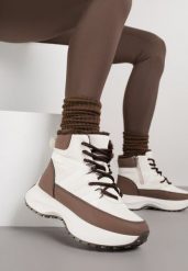 Beżowo-Brązowe Sportowe Śniegowce Chunky na Platformie Ishweda. Brązowe śniegowce Renee, bez wzorów, z jeansu, bez zapięcia. Za 119.99 zł.