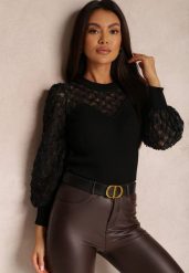 Czarny Sweter z Prążkowanej Dzianiny z Koronką Ule. Czarne swetry Renee, bez wzorów, z dzianiny, casualowe, bez ramiączek. W wyprzedaży za 111.99 zł.