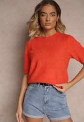 Pomarańczowy Sweter z Wełną Krótkim Rękawem Ozdobiony Ściągaczami Emiralin. Brązowe swetry Renee, uniwersalny, bez wzorów, z jeansu, casualowe, bez ramiączek. W wyprzedaży za 91.99 zł.