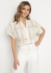 Ciemnobeżowa Bawełniana Koszula Ozdobiona Ażurowym Motywem Telarinea. Brązowe koszule Born2be, uniwersalny, z aplikacjami, z bawełny, eleganckie, bez kołnierzyka, bez ramiączek. Za 79.99 zł.