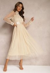 Jasnobeżowa Siateczkowa Sukienka Maxi o Rozkloszowanym Kroju z Ozdobną Koronką Narile. Brązowe sukienki Renee, m, bez wzorów, z koronki, eleganckie, bez kołnierzyka, bez ramiączek, maxi, rozkloszowane. W wyprzedaży za 153.99 zł.