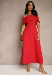 Czerwona Rozkloszowana Sukienka na Ramiączkach z Wywiniętym Dekoltem Jenavitia. Czerwone sukienki Renee, na imprezę, m, bez wzorów, eleganckie, bez kołnierzyka, bez ramiączek, midi, rozkloszowane. W wyprzedaży za 111.99 zł.