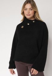 Czarny Golf z Wełną i Metalicznymi Guzikami Vidora. Czarne swetry Born2be, uniwersalny, z aplikacjami, z jeansu, eleganckie, bez ramiączek. Za 129.99 zł.