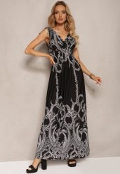 Czarna Sukienka z Gumką w Pasie i Troczkami na Ramionach z Roślinnym Wzorem Ahnipeda. Czarne sukienki Renee, na spotkanie biznesowe, l, bez wzorów, eleganckie, bez kołnierzyka, bez ramiączek, maxi. W wyprzedaży za 45.49 zł.