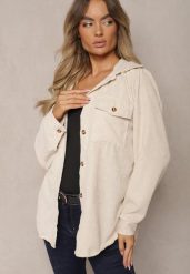 Jasnobeżowa Koszula Sztruksowa z Dodatkiem Bawełny i Kieszeniami Mevanora. Brązowe koszule Renee, l, bez wzorów, z bawełny, eleganckie, bez kołnierzyka, bez ramiączek. W wyprzedaży za 27.99 zł.
