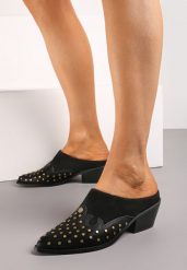 Czarne Klapki Mule na Stożku Stylizowane na Kowbojki z Nitami Lakedia. Czarne klapki Born2be, bez wzorów, z jeansu, eleganckie, ze szpiczastym noskiem, bez obcasa, na obcasie, bez zapięcia. W wyprzedaży za 112.49 zł.