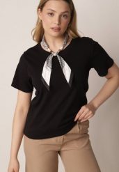 Czarny T-shirt z Bawełny w Klasycznym Stylu z Apaszką Bluestel. Czarne t-shirty Born2be, l, bez wzorów, z bawełny, biznesowe, bez kołnierzyka, bez ramiączek. Za 69.99 zł.