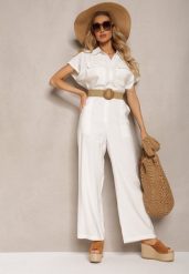 Biały Kombinezon w Stylu Utility z Koszulową Górą i Plecionym Paskiem Dexara. Białe kombinezony Renee, na co dzień, l, bez wzorów, eleganckie, bez kołnierzyka, bez ramiączek, mini, koszulowe. W wyprzedaży za 151.99 zł.