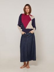 Rodier Sweter w kolorze granatowo-czerwono-beżowym rozmiar: L. Brązowe swetry Rodier, l, bez wzorów, klasyczne, bez ramiączek. Za 314.01 zł.