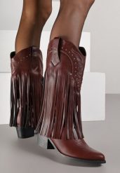 Bordowe Botki Kowbojki na Obcasie Zdobione Nitami i Frędzlami Calles. Czerwone botki Born2be, z aplikacjami, z jeansu, boho, bez obcasa, na obcasie, bez zapięcia. Za 179.99 zł.