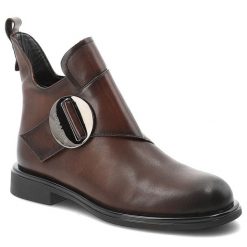 Botki damskie Artiker o eleganckim fasonie z ozdobnym paskiem z dużą metalową klamrą i niskim stabilnym obcasem brązowe, 59C1199. Brązowe botki Artiker, bez wzorów, z jeansu, eleganckie, bez obcasa, na obcasie, bez zapięcia. Za 329.00 zł.