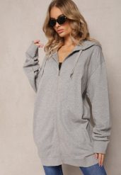 Szara Bluza Oversize z Kapturem i Zapięciem na Suwak Bilende. Szare bluzy Renee, xl, bez wzorów, z jeansu, bez ramiączek, z kapturem. W wyprzedaży za 63.99 zł.