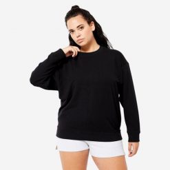 Bluza damska Domyos Gym & Pilates oversize. Czarne bluzy bez kaptura DOMYOS, m, bez wzorów, z bawełny, bez kaptura, na fitness i siłownię. Za 59.99 zł.