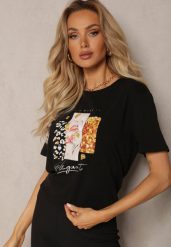 Czarny T-shirt z Bawełny Ozdobiony Nadrukiem na Przodzie Katrielle. Czarne t-shirty Renee, m, bez wzorów, z bawełny, bez kołnierzyka, bez ramiączek. W wyprzedaży za 43.99 zł.