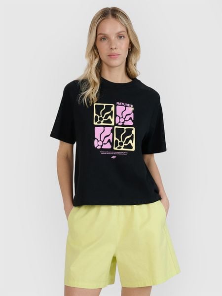4F T-shirt oversize z nadrukiem damski - czarny XS. Czarne t-shirty sportowe 4f, s, bez wzorów, z bawełny, bez ramiączek. W wyprzedaży za 39.99 zł.