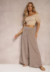Ciemnobeżowe Wiskozowe Spodnie Szerokie High Waist Rissalene. Brązowe jeansy Renee, l, bez wzorów, z jeansu, biznesowe, z podwyższonym stanem. W wyprzedaży za 39.99 zł.