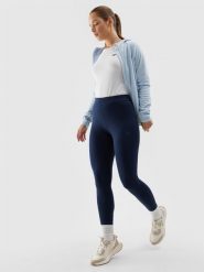 4F Legginsy dzianinowe damskie - granatowe S. Niebieskie legginsy 4f, bez wzorów, z bawełny, sportowe, długie. Za 39.99 zł.