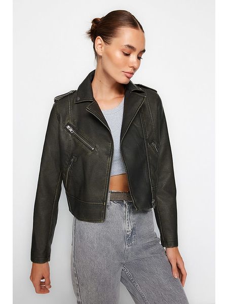 Trendyol Kurtka w kolorze antracytowym ze skóry syntetycznej rozmiar: M. Czarne kurtki Trendyol, m, bez wzorów, ze skóry, bez kaptura. Za 95.99 zł.