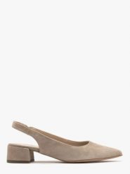 Beżowe czółenka z otwartą piętą typu slingback. Brązowe czółenka Ryłko, bez wzorów, z gumy, z otwartym noskiem, bez obcasa, na obcasie, bez zapięcia. W wyprzedaży za 299.99 zł.