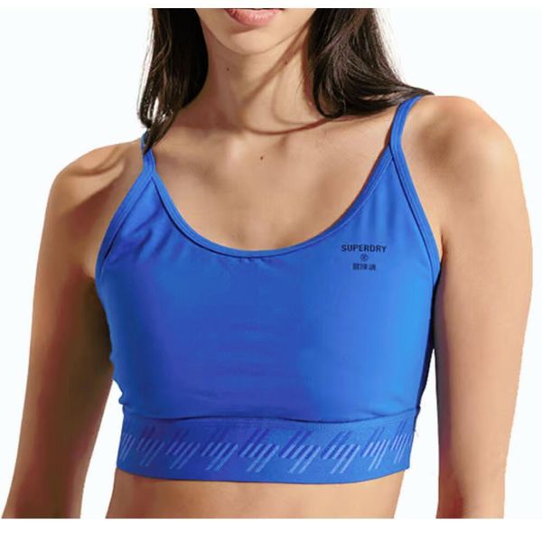 Biustonosz damski sportowy Superdry Essential Strappy. Niebieskie biustonosze sportowe Superdry, bez wzorów, z bawełny, na fitness i siłownię. W wyprzedaży za 96.00 zł.