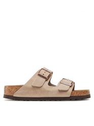 Birkenstock Klapki Arizona Bs 552813 Beżowy. Brązowe klapki Birkenstock, bez wzorów, z nubiku, bez obcasa, bez zapięcia. Za 599.99 zł.