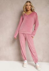 Różowy Komplet Dresowy z Weluru Luźna Bluza z Dekoltem w V i Elastyczne Spodnie z Kieszeniami Esparkia. Czerwone bluzy Renee, l, bez wzorów, z dresówki, bez ramiączek, bez kaptura. W wyprzedaży za 83.99 zł.