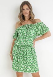 Zielona Rozkloszowana Sukienka Mini z Hiszpańskim Dekoltem i Gumką w Talii z Wiskozy Jassinta. Zielone sukienki Born2be, na co dzień, l, bez wzorów, z wiskozy, bez kołnierzyka, bez ramiączek, mini, rozkloszowane. Za 89.99 zł.
